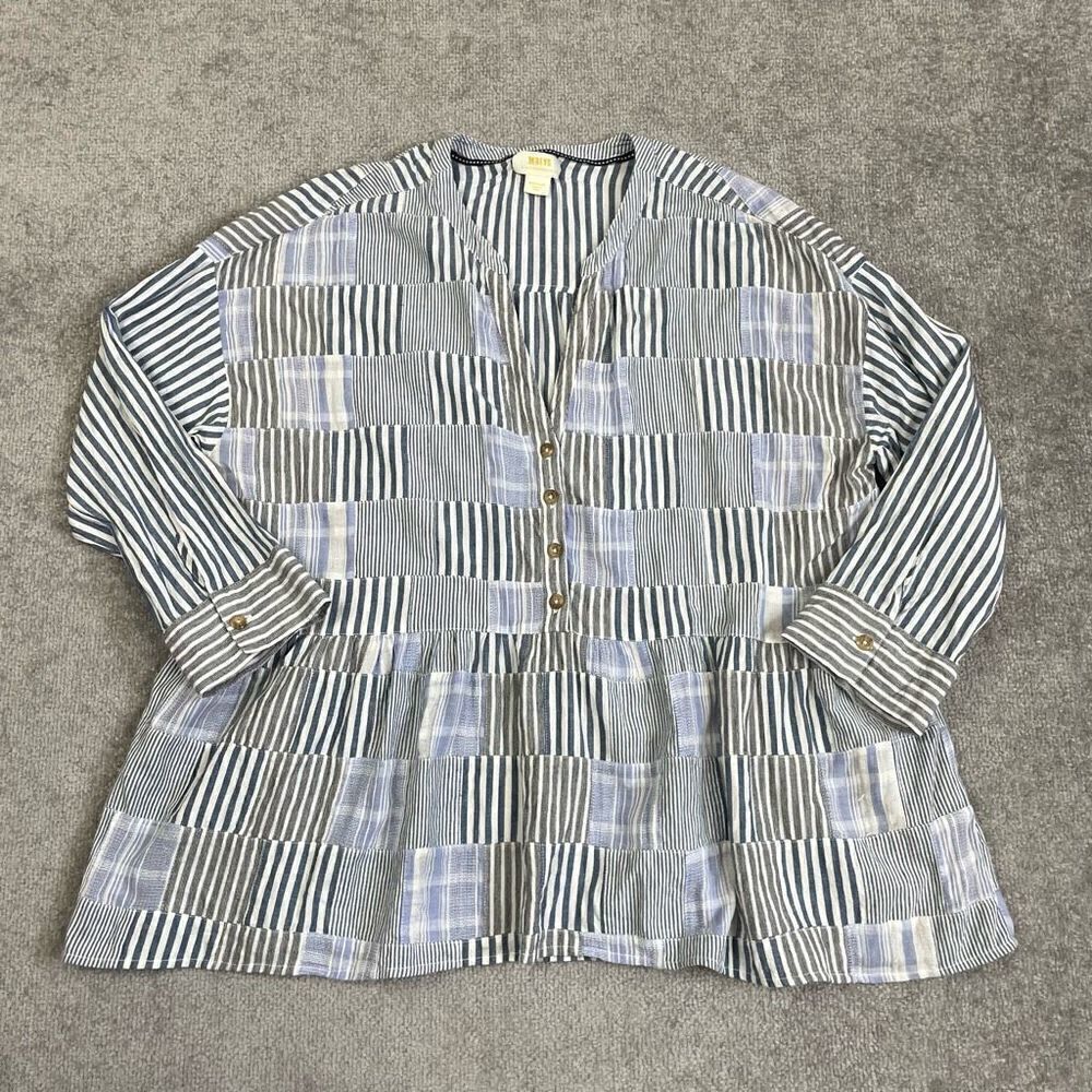 Maeve Anthropologie Twill Blue/Multi Striped  Patchwork Swing Button Shirt Top M